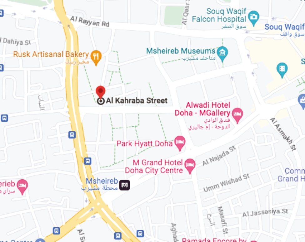 Map showing Al Kahrabaa Street, Msheireb Downtown, Doha